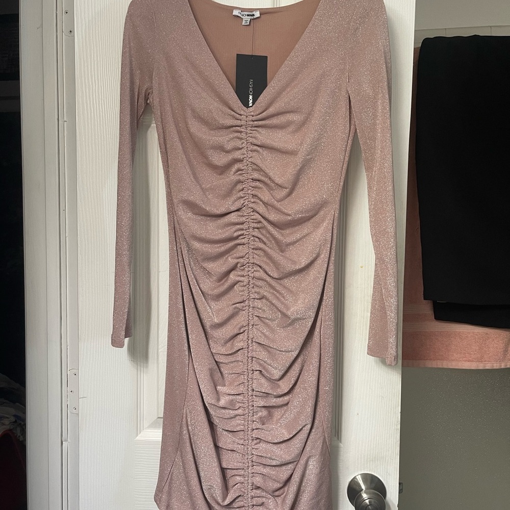 Fashion Nova Pink Ruched Long Sleeve Bodycon Dress